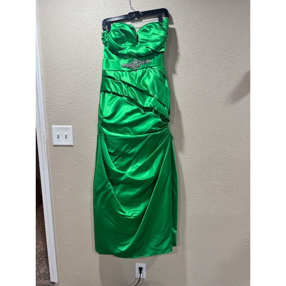 Bill Levkoff‎ Green Satin Strapless Ruched Rhinestone Formal Evening Gown Size 6